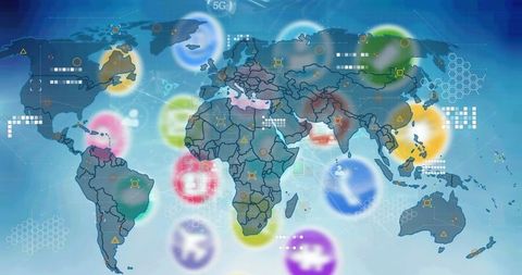 Global Network and Technology Concept with World Map and Data Icons - Download Free Stock Images Pikwizard.com