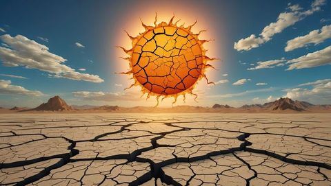 Surreal sun shining over parched desert landscape in drought