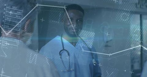 Clinician consulting senior patient with digital medical analytics overlay and chart data