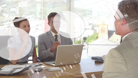 Team Discussing Business Strategy with Digital Data Overlay