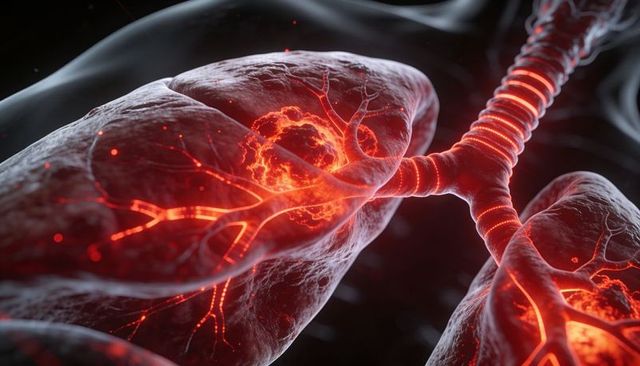 3D Lungs with Glowing Pulmonary Nodule, Illuminated Bronchi and Tracheal Airway