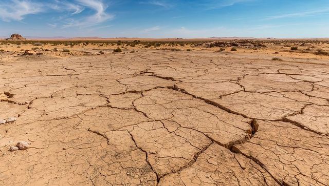 Cracked clay stretching across parched lakebed under blue desert sky