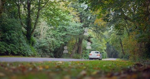 White Sedan Navigating Scenic Forest Road in Autumn