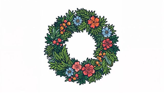 Decorating floral wreath with green leaves, pink and blue flowers and red berries