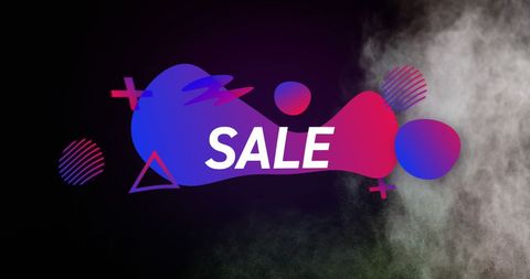 Vibrant Sale Text with Retro Abstract Shapes on Dark Background