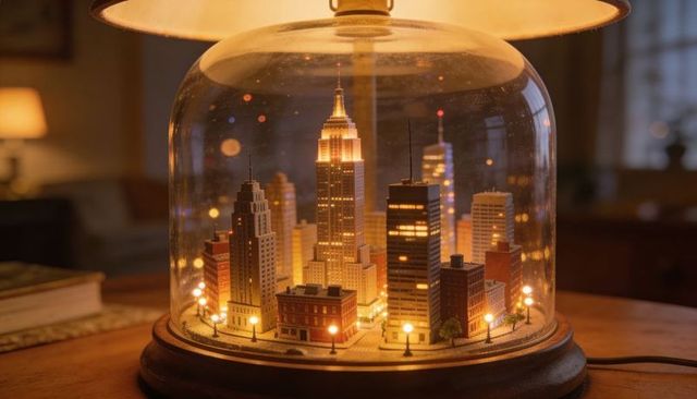 Miniature city under glass lamp creating warm urban nightscape on wooden tabletop
