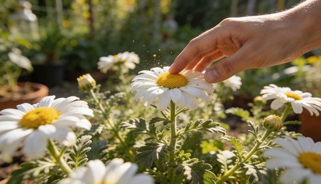 Hand touching white daisy releasing pollen in sunlit patio garden closeup macro