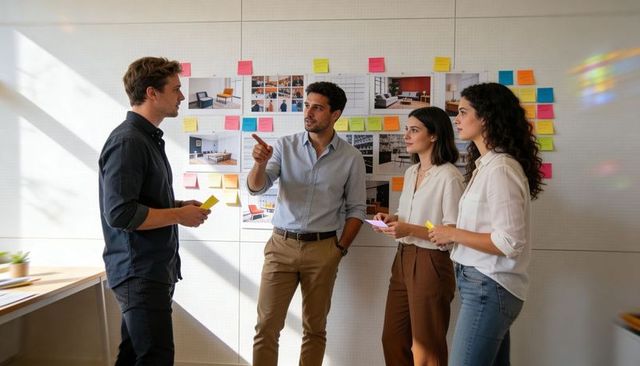 Creative team collaborating around storyboard wall with sticky notes in bright office