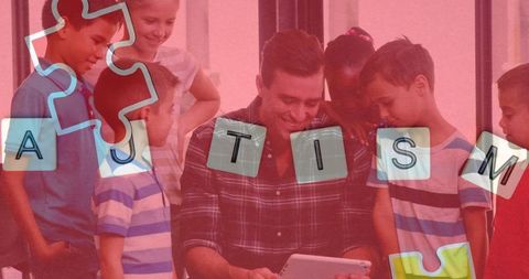 Teacher engaging with diverse children for autism awareness