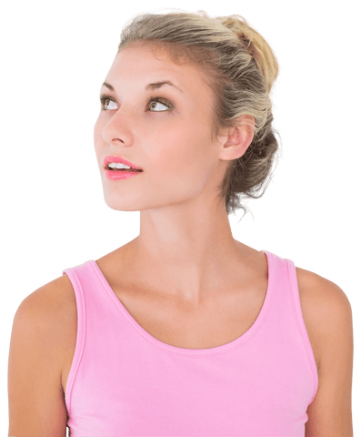 Young Blonde Woman in Pink Tank Top Looking Up, Transparent Background