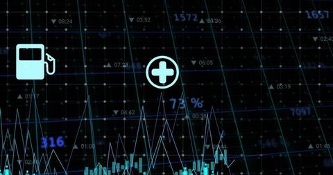 Cyan medical cross pulsing on dark analytics dashboard with fuel pump and data graphs