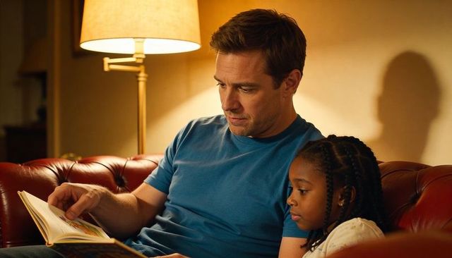 Father reading bedtime story to daughter on red leather sofa with cozy warm lamp light