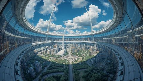 Futuristic circular glass orbital frame revealing panoramic metropolis with central spire