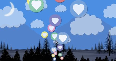 Colorful Heart Balloons Floating Above Night Forest - Download Free Stock Images Pikwizard.com