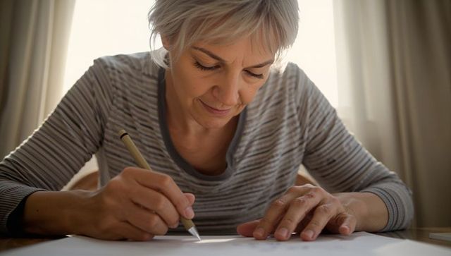 Senior woman writing at wooden table by window in soft natural backlight