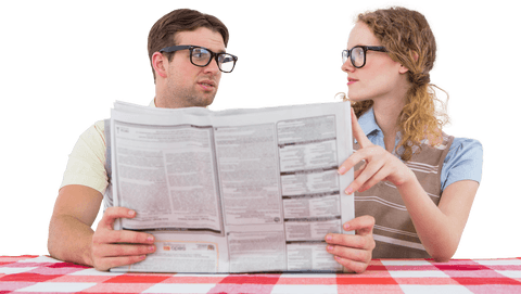 Transparent background geeky couple reading newspaper