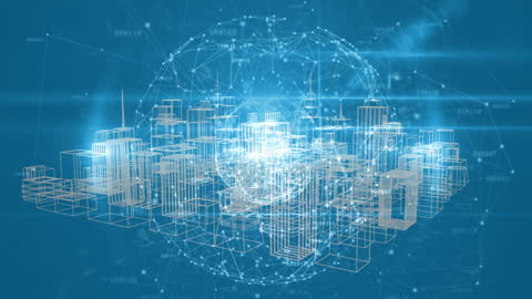 Digital City with Globe of Connections on Blue Background