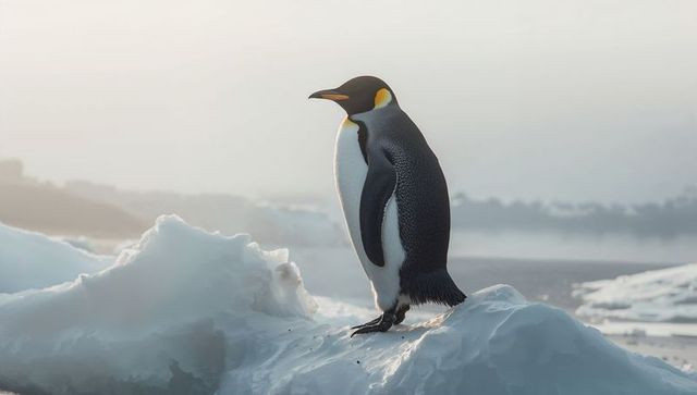 Emperor penguin on ice floe in serene arctic landscape