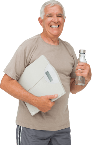 cheerful senior man holding scale with water bottle - Download Free Stock Videos Pikwizard.com