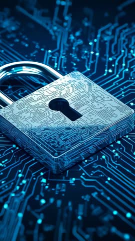 Pulsing Circuit Padlock Securing Digital Networks Vertical Video for Cybersecurity, Data Protection