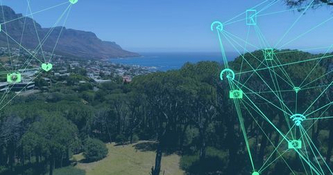 Digital Network Connections Over Coastal Landscape
