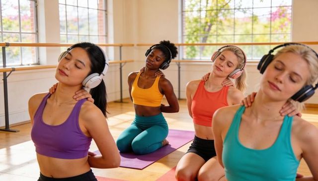 Women practicing guided neck stretches on mats wearing headphones in bright ballet studio