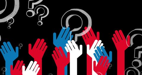 Colorful Raised Hands with Question Marks on Black Background