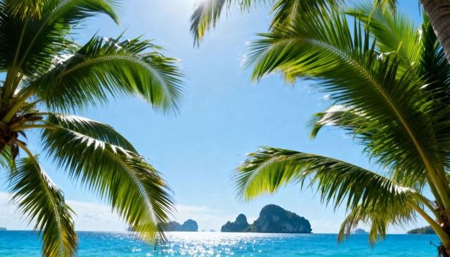 Palm-framed turquoise seascape with sunlit sparkling water and distant limestone islets