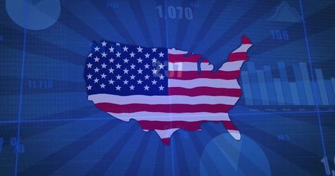United states flag map highlighting economic data, market analytics, bar charts and graphs