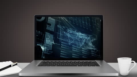 Laptop Displaying World Map and Data Analysis for Technology Concept