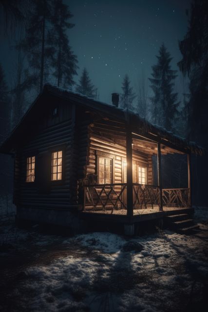 Wooden cabin in forest with lit windows at night, created using generative ai technology. Cabin, nature, vacation and forest concept digitally generated image.