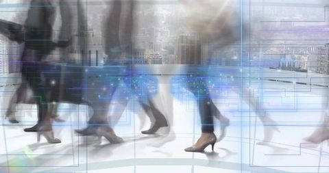 Motion blur of professionals in futuristic technology lobby