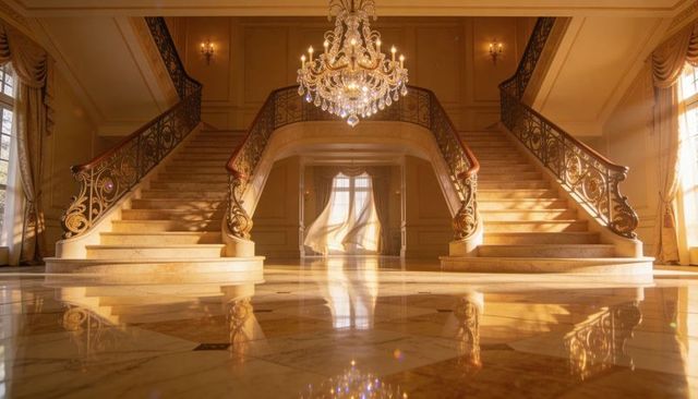 Sunlit twin marble staircase with crystal chandelier in opulent palatial marble foyer