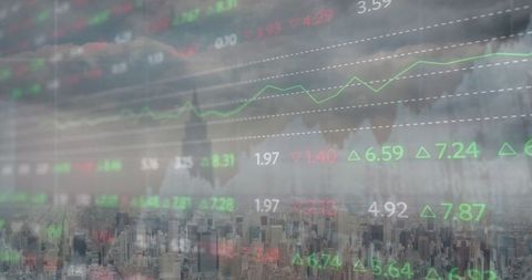 Financial data overlay above cityscape illustrating market trends