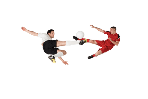 Dynamic football players tackling on transparent background