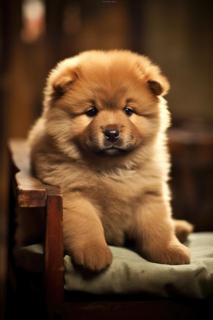 Portrait of cute chow chow puppy sitting on wooden chair, created using generative ai technology. Animal, puppy, pet and dog concept digitally generated image.