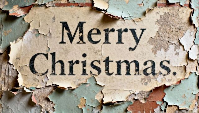 Merry christmas text on torn vintage paper revealing peeling paint and weathered wall texture
