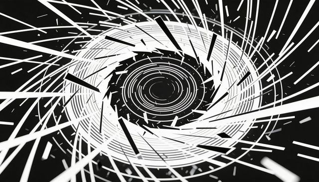Monochrome spiraling vortex radiating concentric rings and shards conveying dynamic energy