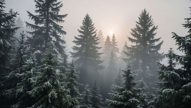 Misty frosted fir and spruce forest with backlit sun and layered conifer silhouettes