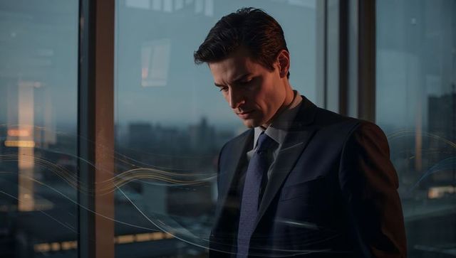 Executive Standing by Window Gazing at City Dusk, Reflective Mood with Light Streaks