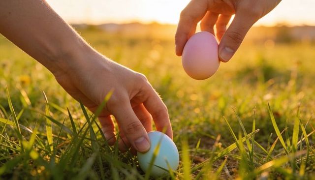 Placing pastel easter eggs on sunlit meadow during golden hour warm backlight hands arranging
