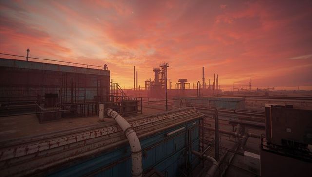 Industrial rooftop view at sunrise with steel pipes and refinery towers