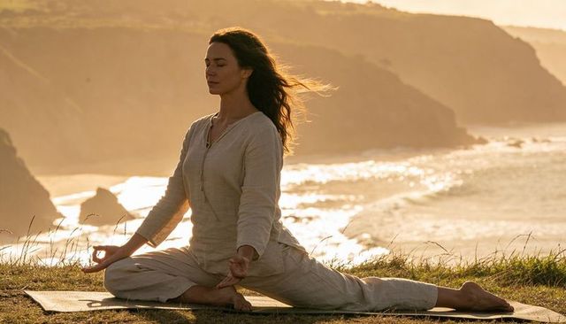 Woman meditating on coastal headland at sunset practicing yoga and mindfulness