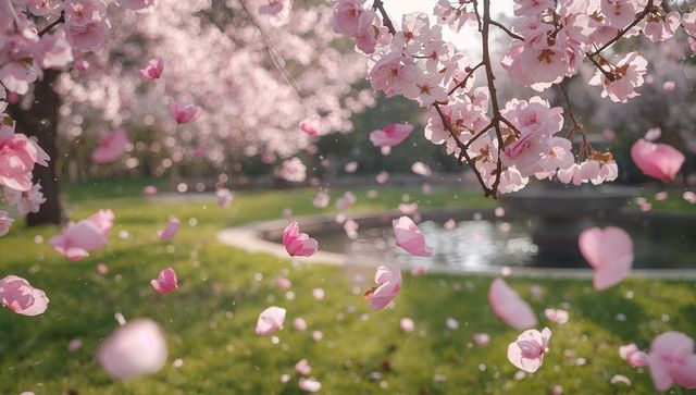 Cherry blossoms shedding petals in sunlit park