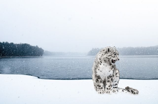 Snow Leopard in Winter Wonderland by Frozen Lake - Download Free Stock Photos Pikwizard.com