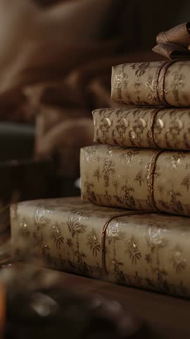 Displaying stacked gold wrapped gifts on wooden tabletop with ribbon bow vertical video