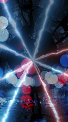 Pulsing red orb radiating multicolored energy beams in cavern with futuristic lens flares