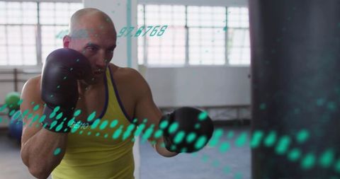 Bald boxer training on heavy bag with teal digital motion overlay showing intense focus