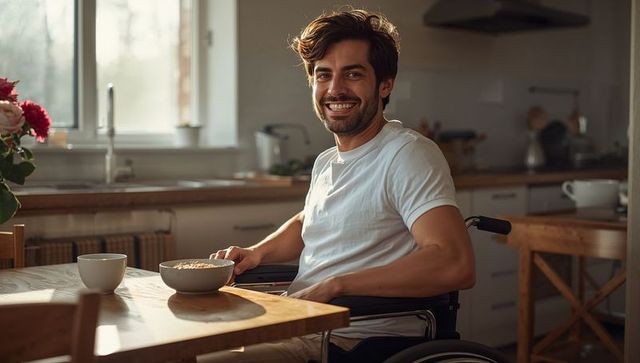 Smiling young man in wheelchair eating cereal at sunlit kitchen table with flowers