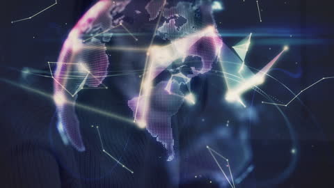 Digital World Overlay on Caucasian Woman Represents Global Connectivity